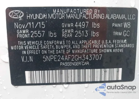 2016 Hyundai Sonata Se z USA, uszkodzony, nr VIN 5NPE24AF2GH343707